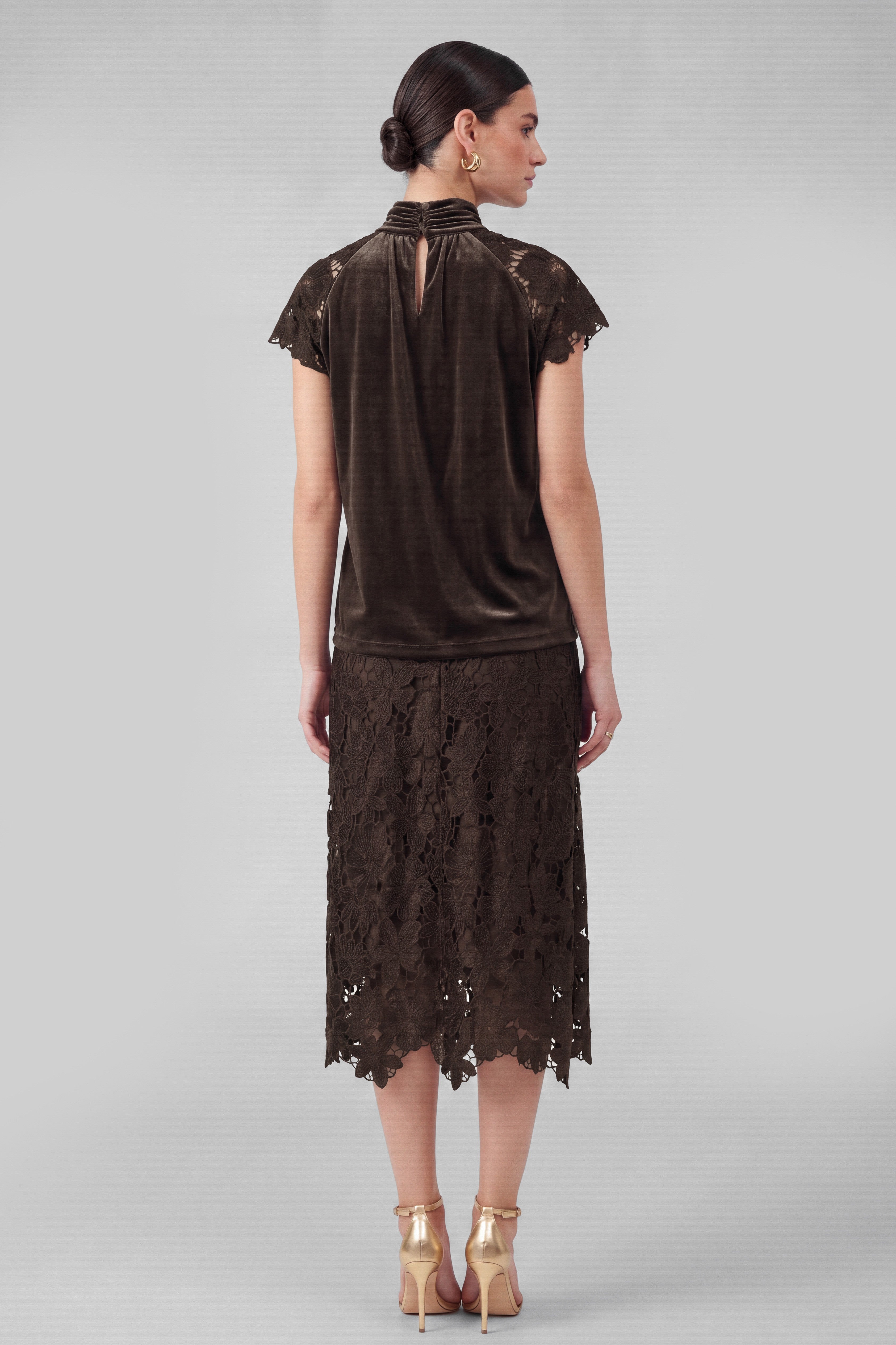 Mock Neck Velvet Floral Lace Cap Sleeve Top Dark Brown