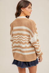 Open Knit Wavy Mix Stripe Cardi White + Taupe