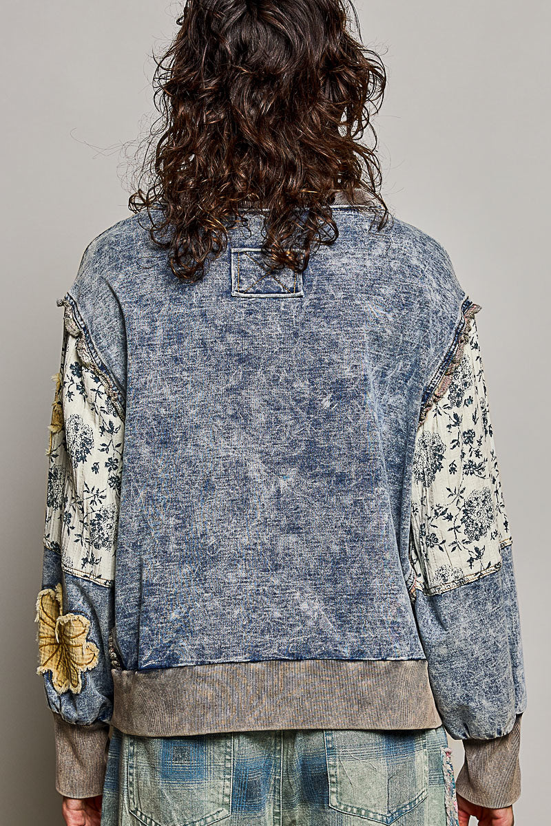 Floral Patch Exposed Seam Shoulder Ruffle Sweatshirt