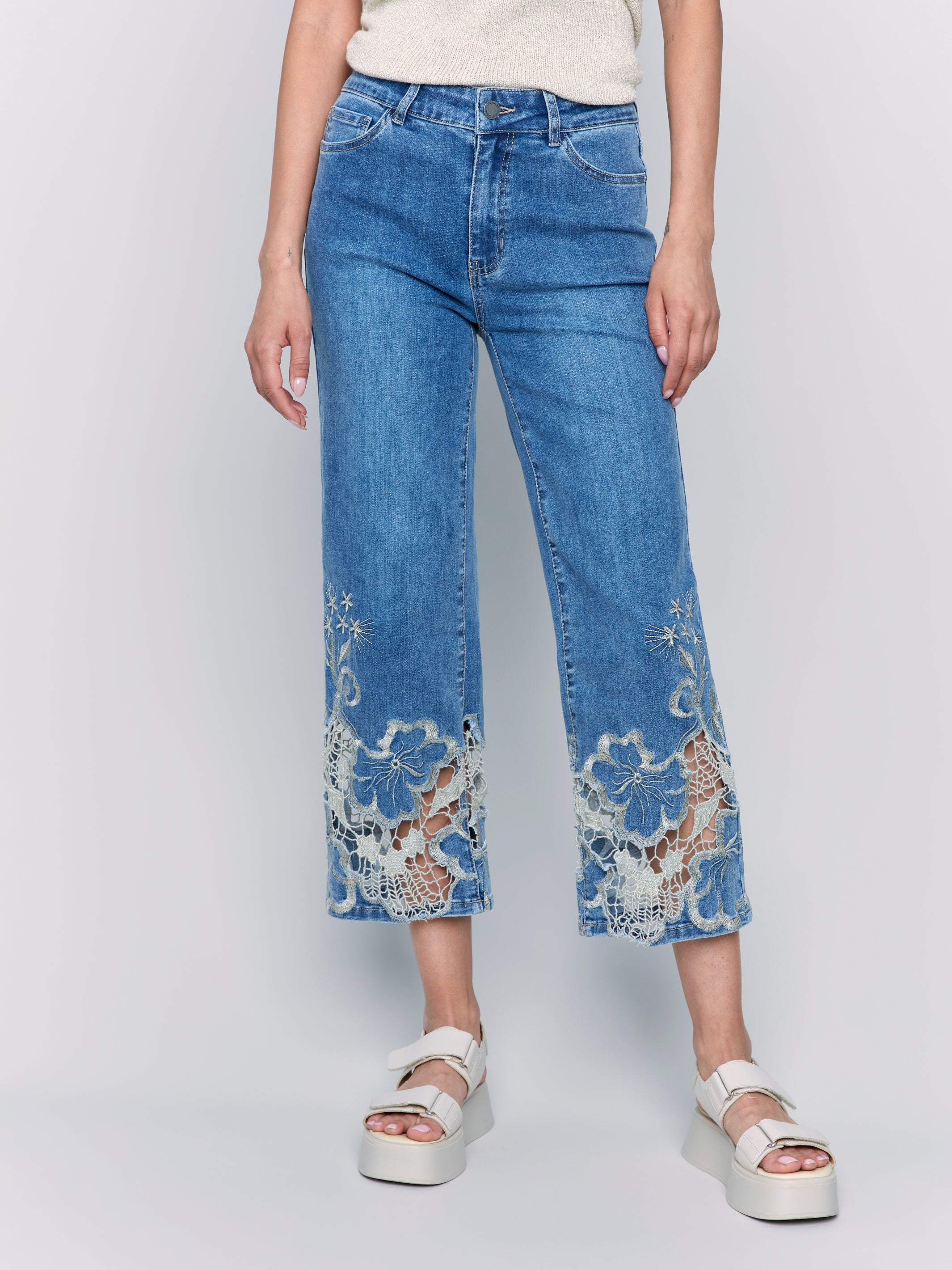 Open Lace Hem Detail Flare Leg Jeans Medium Blue