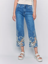 Open Lace Hem Detail Flare Leg Jeans Medium Blue