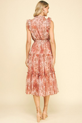 Printed Ruffle Details Tiered Midi Dress Rust