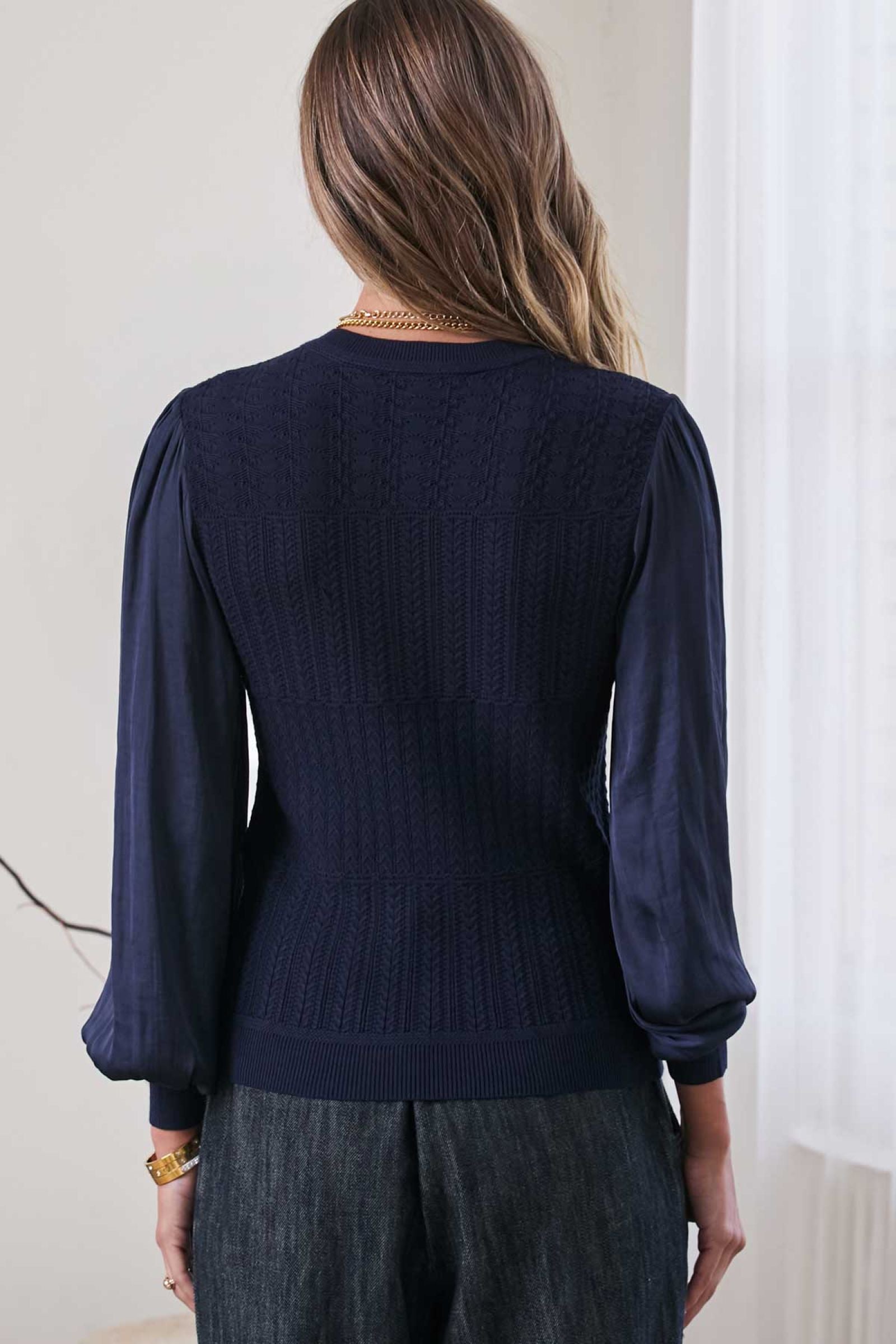 Mix Media Sweater Top Navy
