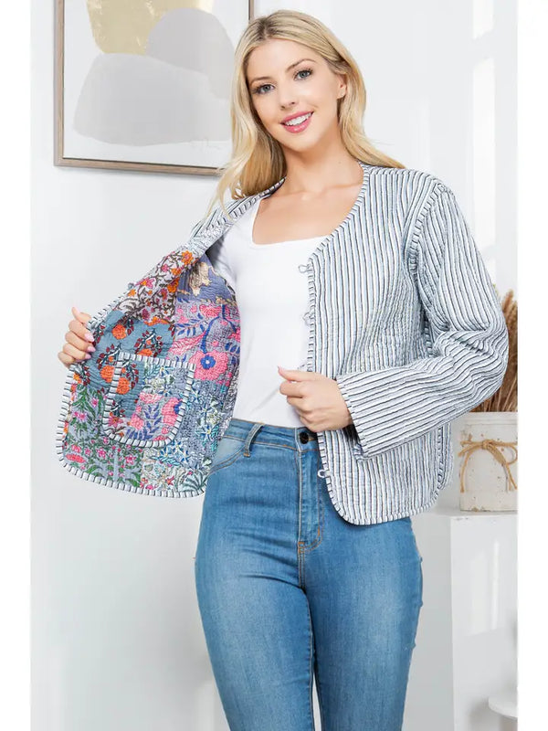 Nova Floral Quilted Patchwork Reversible Jacket Grey Combo