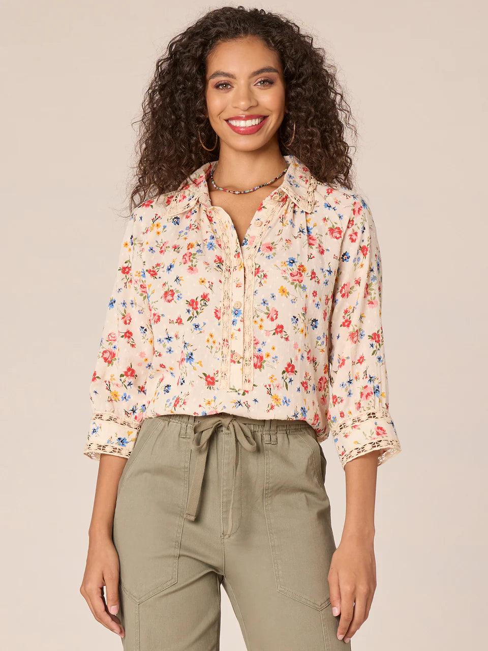 Crochet Insert Printed Below Elbow Sleeve Top Rose Smoke + Red Multi