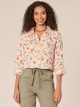 Crochet Insert Printed Below Elbow Sleeve Top Rose Smoke + Red Multi