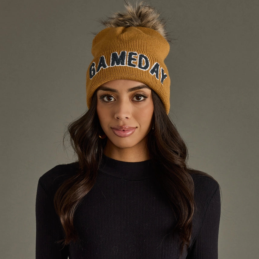 Game Day Pom Hat Camel + Gray