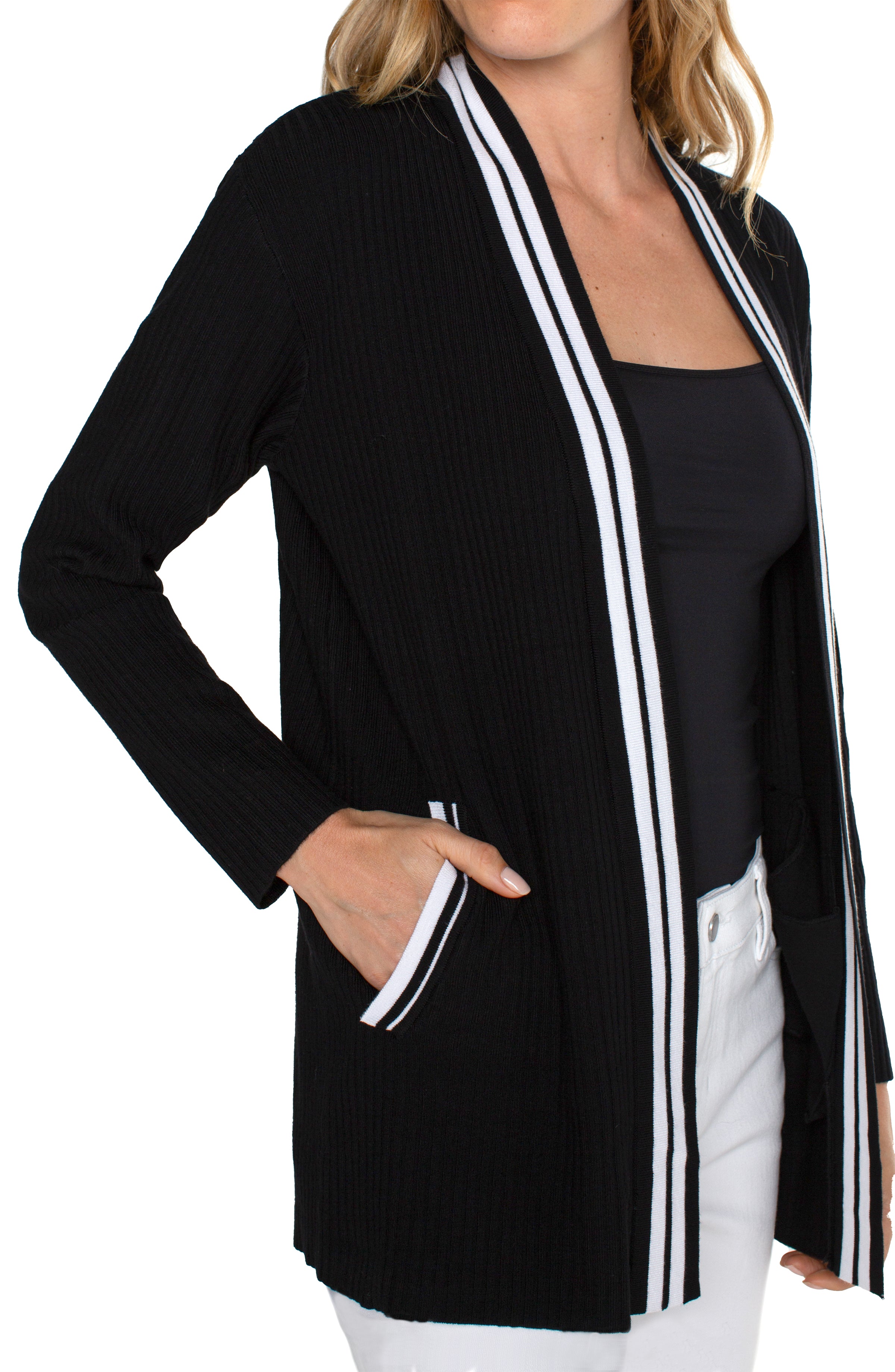 Open Front Stripe Detail Cardigan Black + White