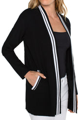 Open Front Stripe Detail Cardigan Black + White