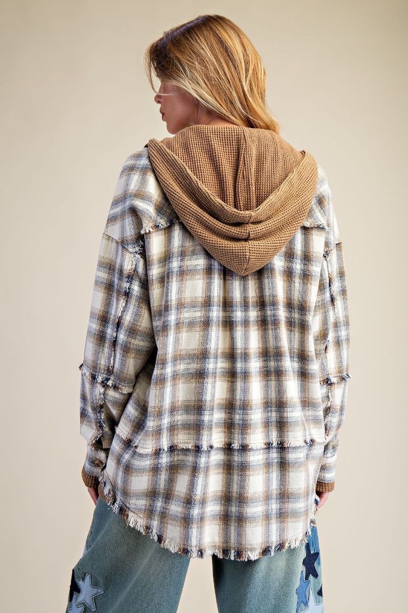 Plaid Button Down Washed Shacket Mocha Navy