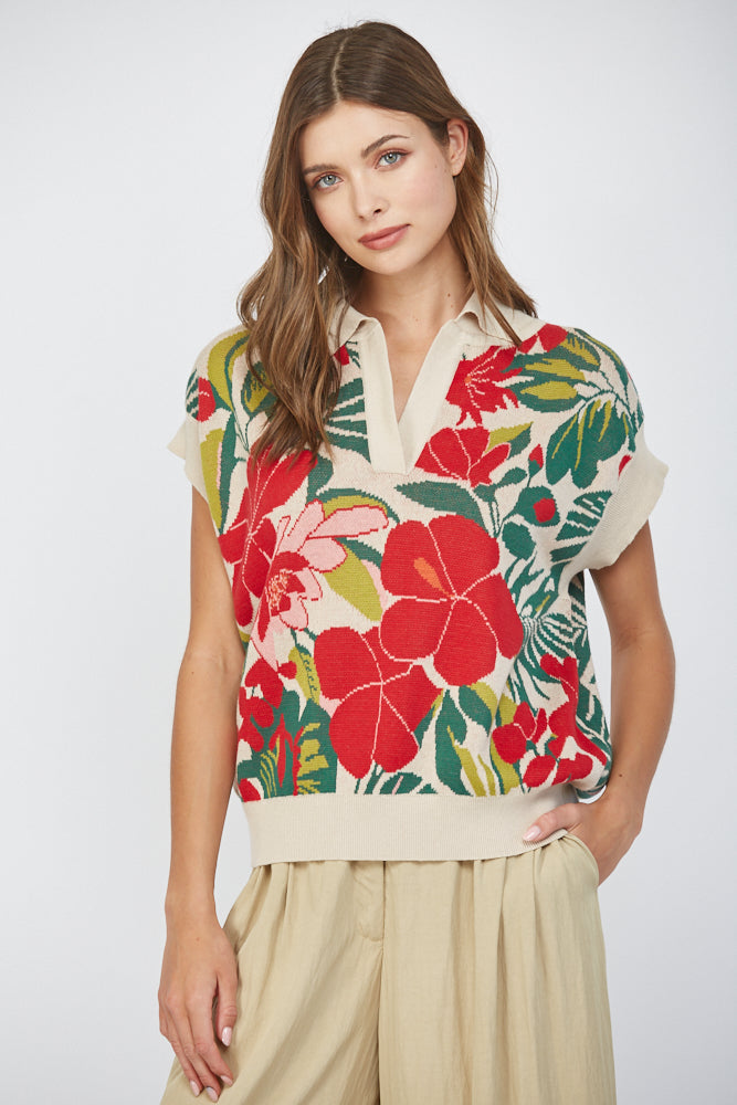 Floral Jacquard Knit Collared Split Neck Sweater Top Ecru