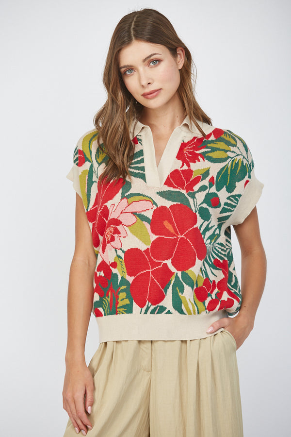 Floral Jacquard Knit Collared Split Neck Sweater Top Ecru