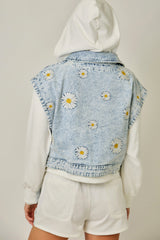 Embroidered Denim TwoFer Hoodie Jacket Washed Light Blue