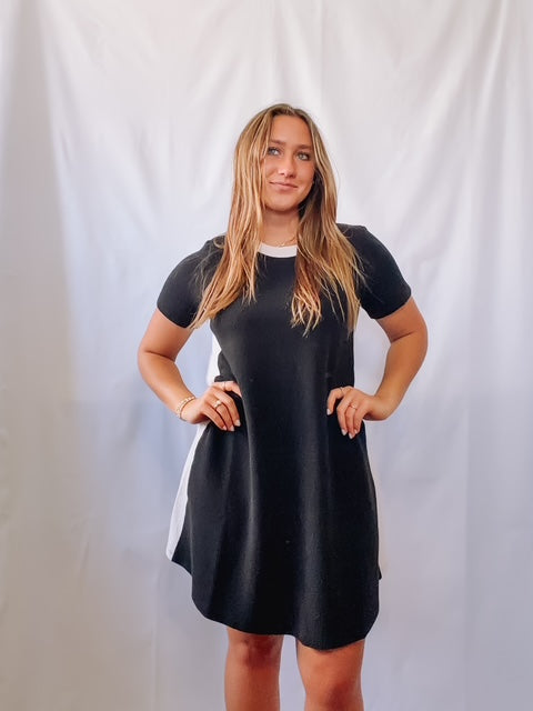 Contrast Edging Cloudy Knit Tshirt Dress Black + Cream