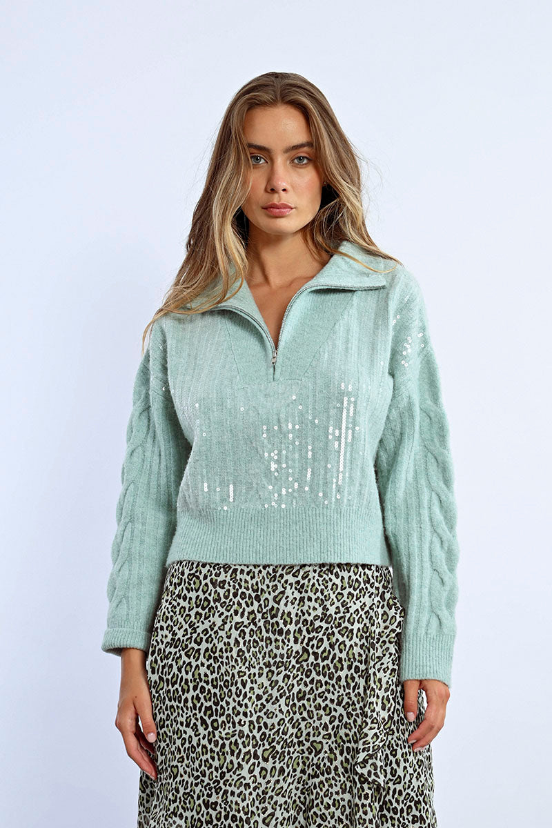 Cable Knit Sleeve Sequin 1/4 Zip Sweater Mint