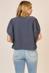 Striped Dolman Neck Tie Balloon Sleeve Top Navy