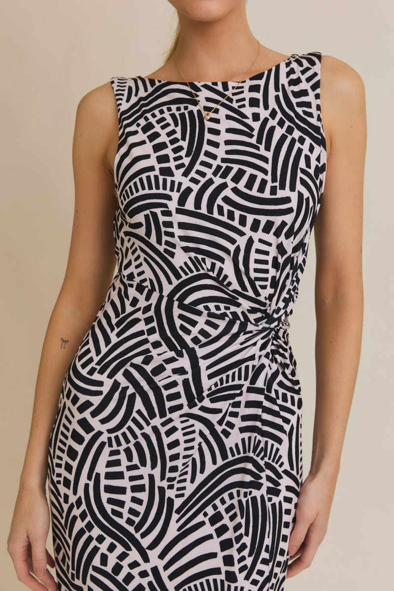 Aztec Abstract Side Twist Midi Dress Taupe + Black