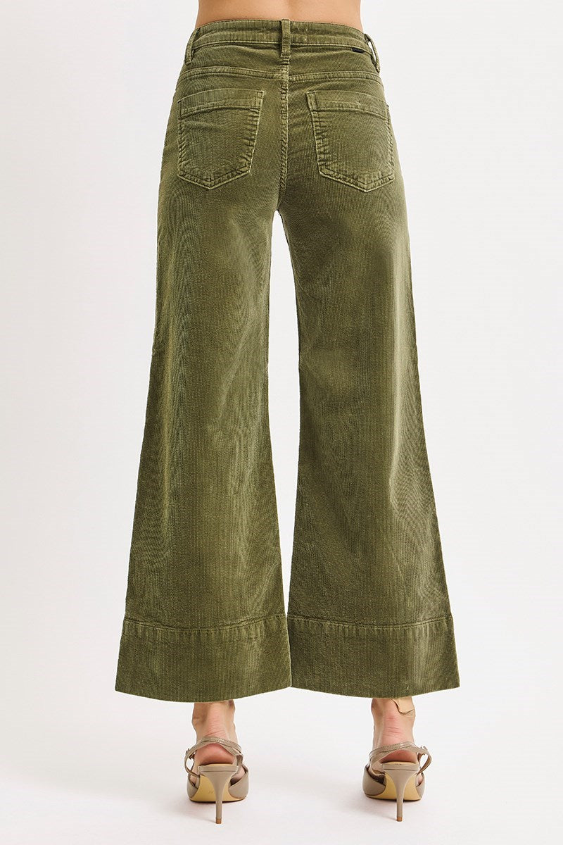 High Rise Crop Wide Patch Pocket Corduroy Pants Moss