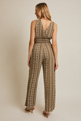 Aztec Sleeveless Smocked Waist Jumpsuit Olive Cream Stripe
