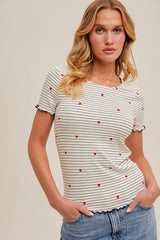 Heart Embroidered Stripe Lettuce Edging Tee White