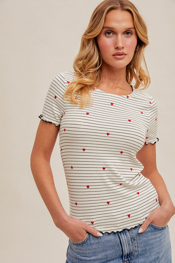 Heart Embroidered Stripe Lettuce Edging Tee White