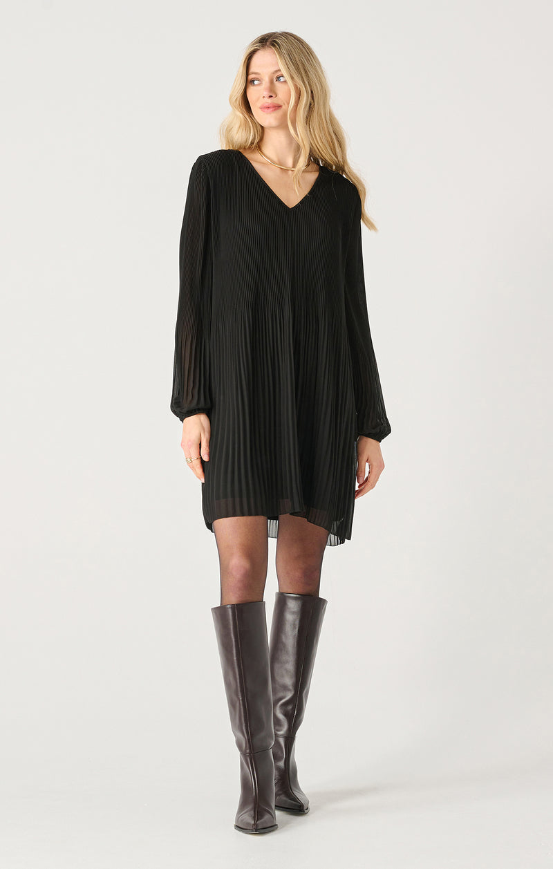 Pleated Long Sleeve Vneck Mini Dress Black