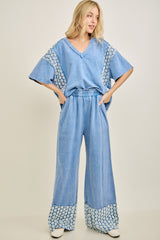 Mineral Washed Flower Daisy Trim Vneck Top Denim Blue