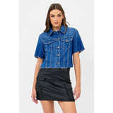 Short Sleeve Cropped Denim Jacket Dark Blue