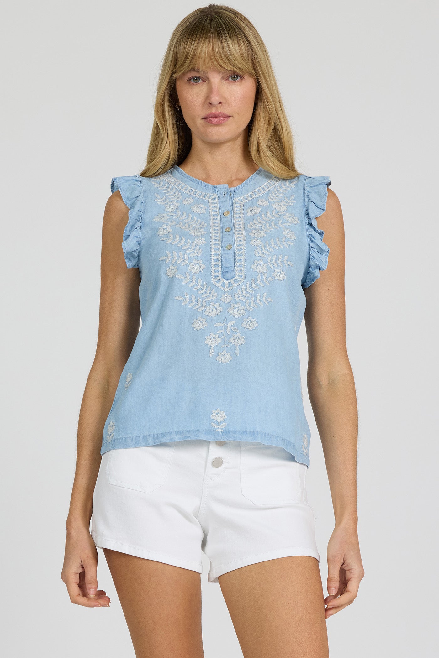 Nicola Embroidered Ruffle Shoulder Tank Carolina Blue