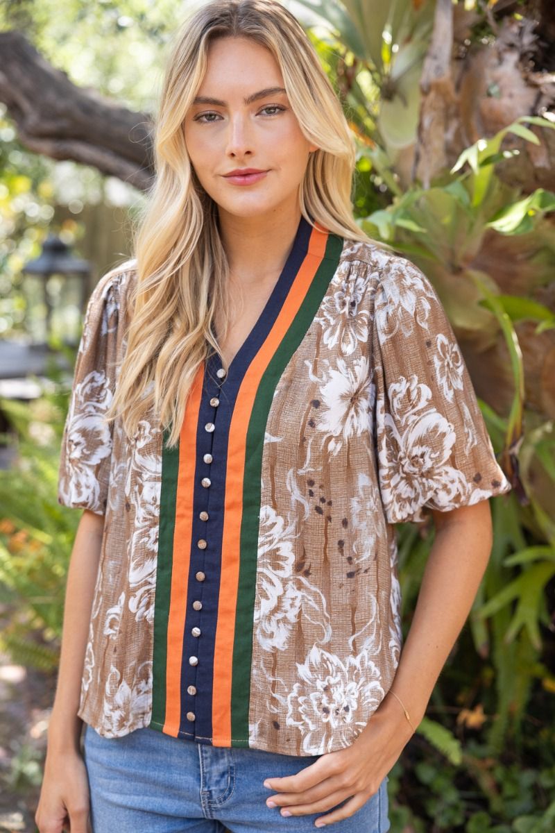 Multi Stripe Placket Floral Print Button Down Top Brown