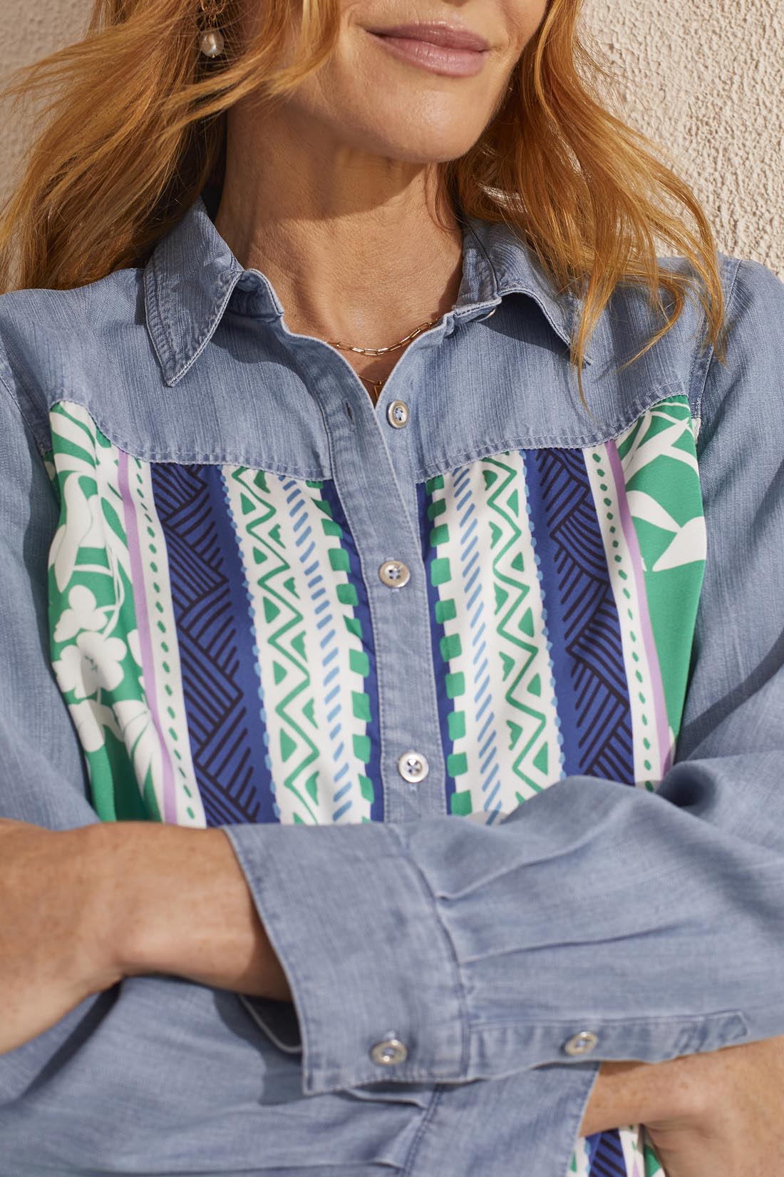 Mixed Media Border Print Denim Shirt Jade Mist