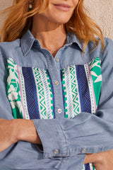 Mixed Media Border Print Denim Shirt Jade Mist