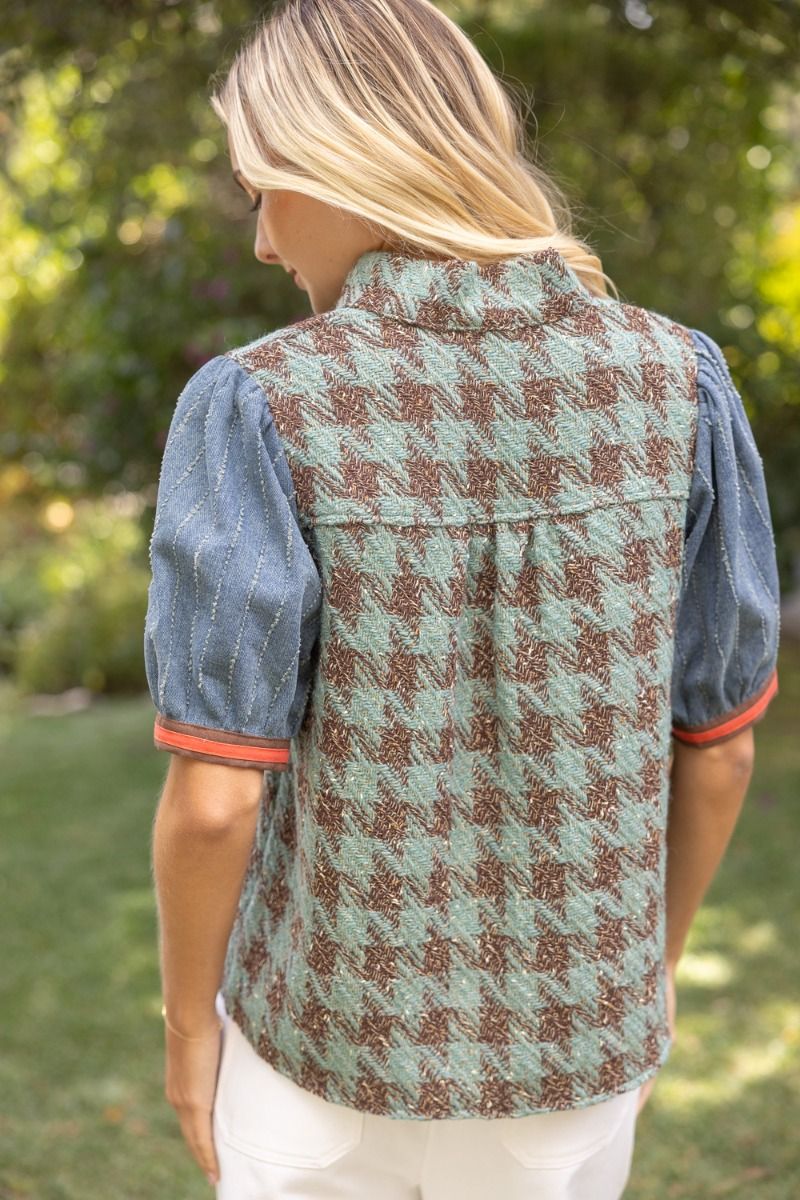Stripe Denim Sleeve Houndstooth Tweed Top Sage