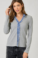 Washed Rib Thermal Denim Collar Button Down Shirt Melange Grey