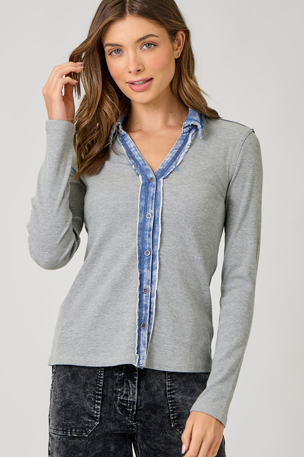 Washed Rib Thermal Denim Collar Button Down Shirt Melange Grey