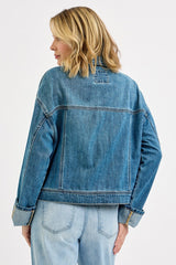 Oversized Cargo Pocket Cuffed Sleeve Denim Jacket Medium