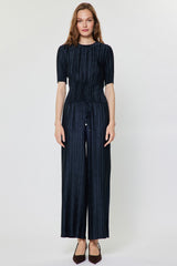 Crinkle Pleated 3/4 Satin Short Sleeve Top Navy