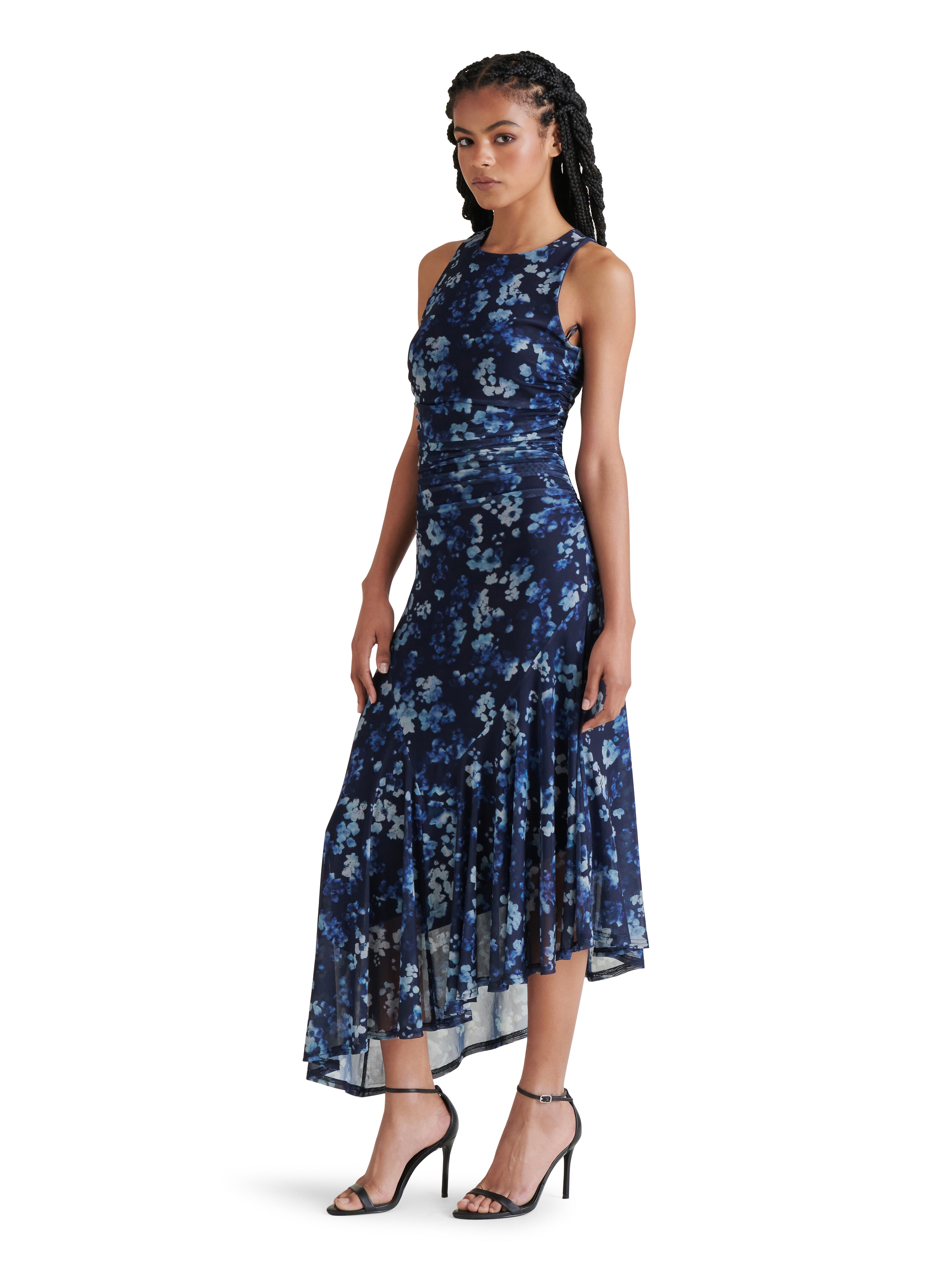 Laney Asymmetric Hem Mesh Print Dress Indigo