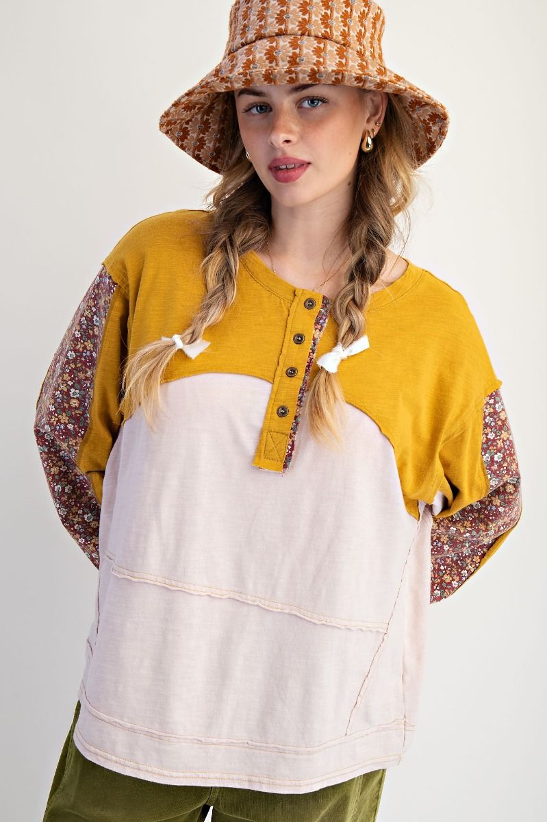 Color Block Button Front Washed Henley Top Mustard + Blush