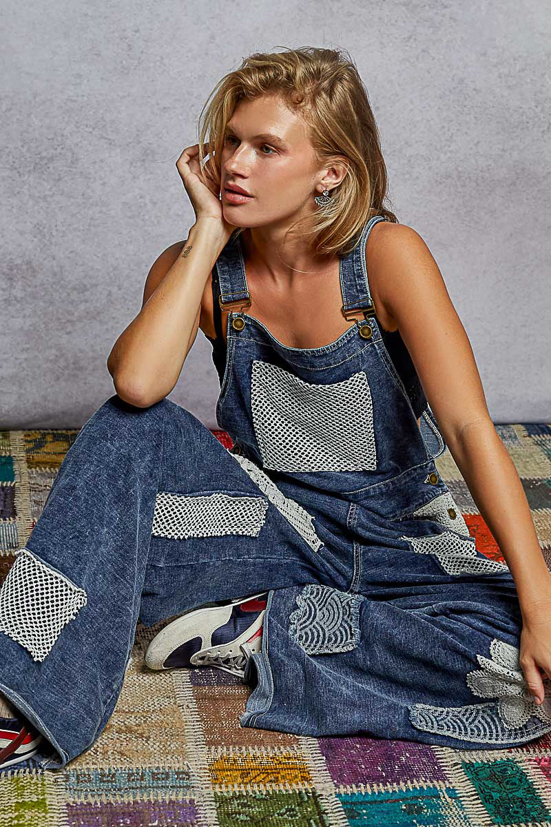 Crochet Patch Mesh Detail Overalls Indigo