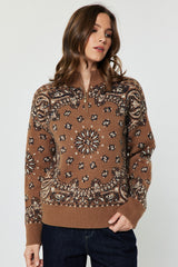Paisley Quarter Zip Printed Sweater Caramel