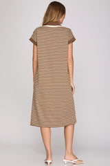 Drop Shoulder Stripe Collared Midi Dress Mocha