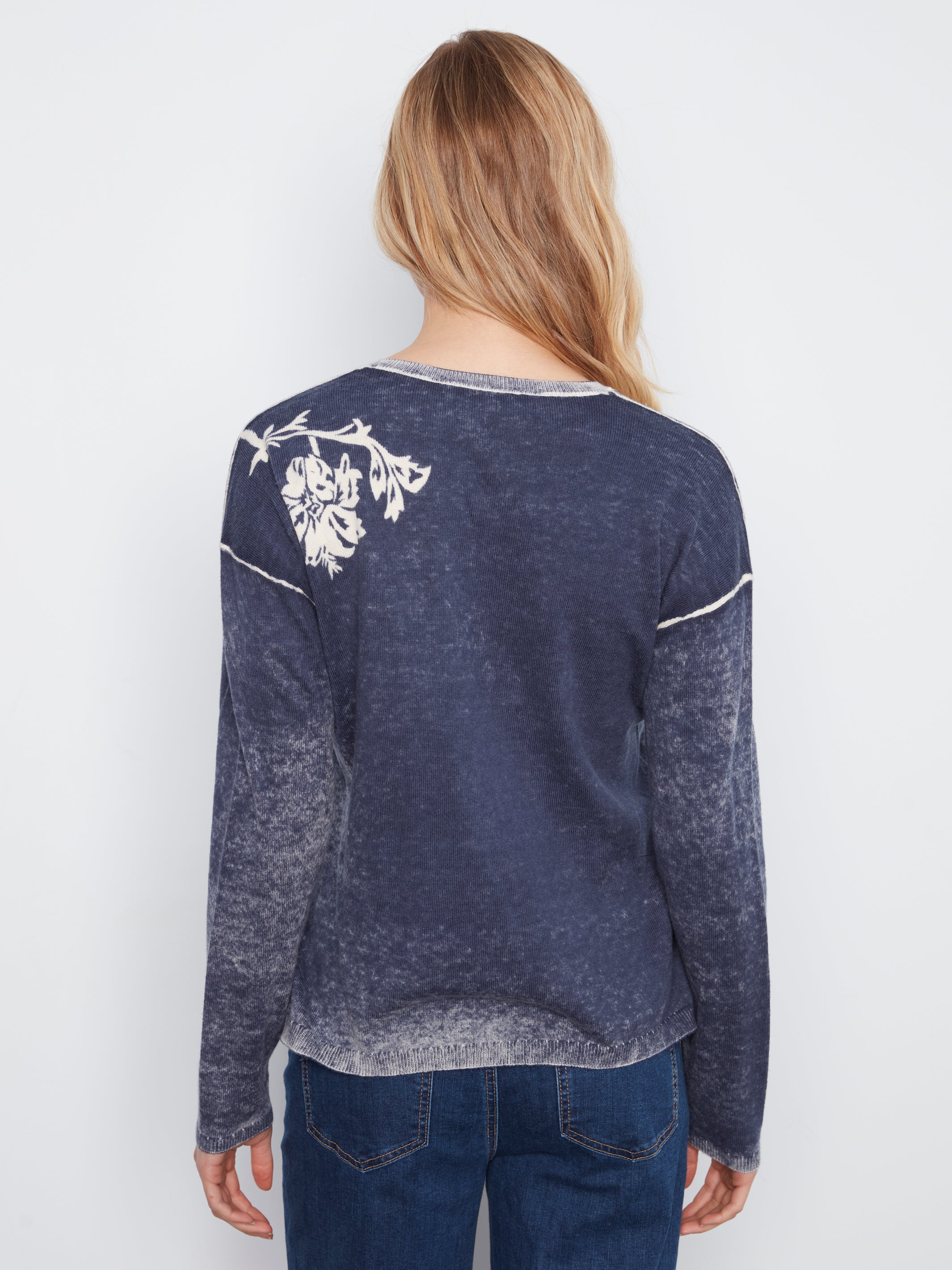 Reverse Print Floral Vneck Sweater Flowers