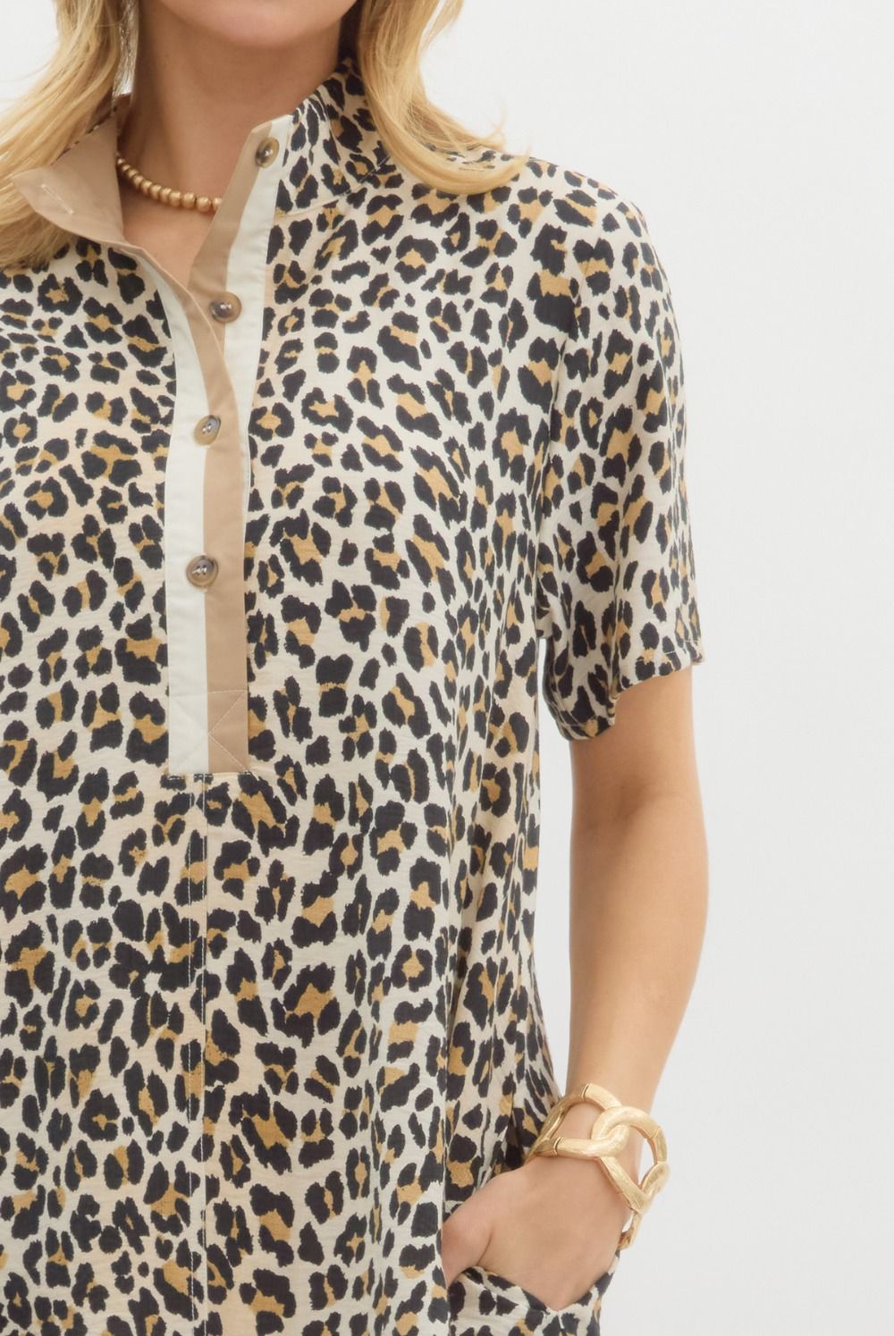 Leopard Print Short Sleeve Pullover Mini Dress Camel
