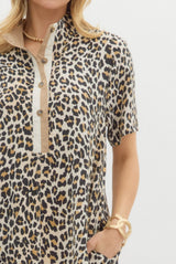 Leopard Print Short Sleeve Pullover Mini Dress Camel