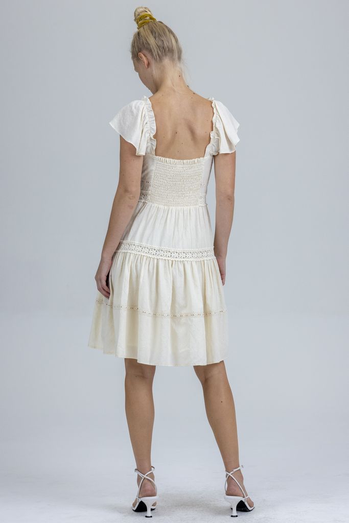 Eyelet Detail Flutter Sleeve Buttoned Dress Natural