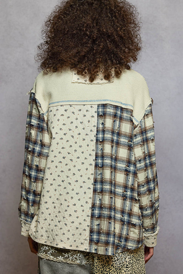 Relaxed Distressed Plaid Button Down Natural Multi