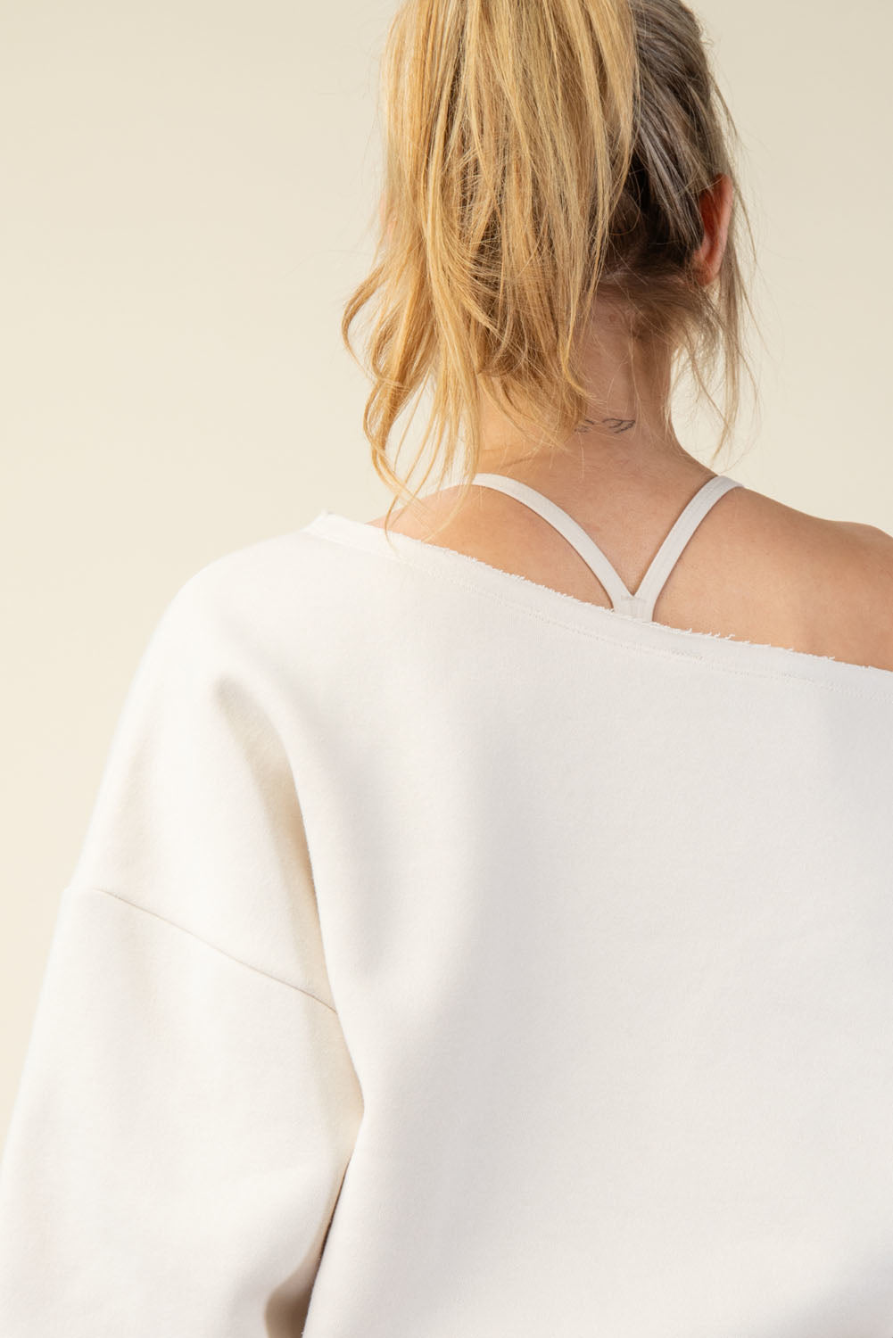 Raw Edge Off Shoulder Sweatshirt Bone
