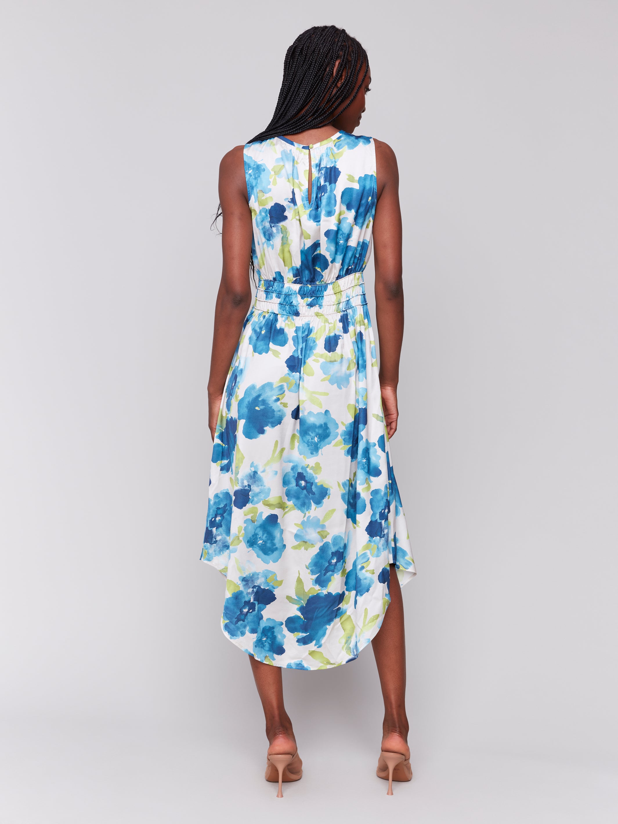 Smocked Waist Print Sleeveless Dress Lime