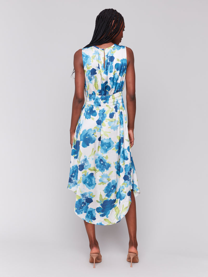 Smocked Waist Print Sleeveless Dress Lime